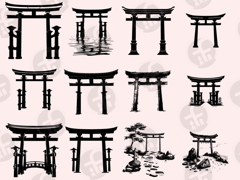 May include: A collection of ten black and white silhouette illustrations of traditional Japanese torii gates. The gates are depicted in various styles and settings, including a gate with a reflection in water, a gate with a bridge, and a gate with a path leading to it.