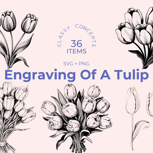 Tulip SVG bundle - 36 Vintage engravings - Cut files - Spring's Crown Jewel, Dark Academia, Floral Elegance, Garden Art - Laser engraving