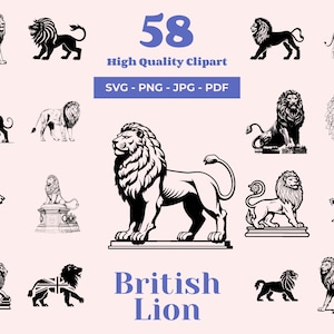Pacote SVG de Leão Britânico - 58 Designs - Clipart de Leão - Animal Nacional da Inglaterra em Preto e Branco, Vários Estilos, Perfeito para Corte a Laser