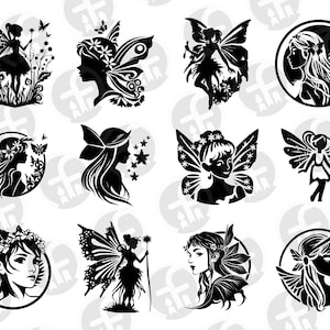 May include: A set of 16 black and white silhouette images of fairies. The fairies are depicted in various poses, including flying, sitting, and standing. Some fairies have wings, while others do not. The images are perfect for use in crafts, scrapbooking, and other creative projects.