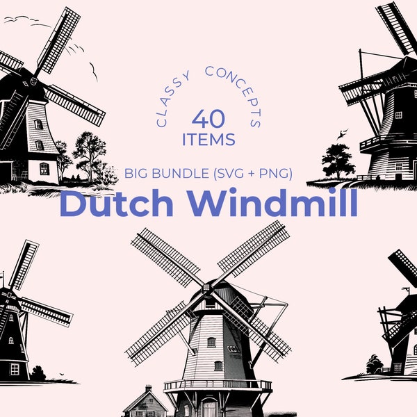 Dutch Windmill SVG Bundle - 40 Cut Files - Iconic Windmill of The Netherlands in Black and White, Multiple Styles, Perfect for DIY Projects