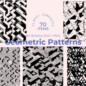 Paquete de patrones geométricos sin costuras SVG para Cricut: 70 archivos: diseños llamativos en blanco y negro, patrones repetibles para proyectos de manualidades