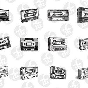 Cassetteband SVG - 12 vintage ontwerpen - zwart-wit, retro audio, digitale download voor de Cricut en Silhouette