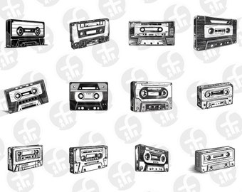 May include: A collection of twelve vintage cassette tapes in various styles. The tapes are drawn in black and white and have a retro aesthetic.