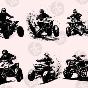May include: Six black and white silhouette illustrations of people riding all-terrain vehicles (ATVs) on a dirt track. The ATVs are all different models and have different features, such as headlights, handlebars, and seats. The riders are all wearing helmets and goggles.