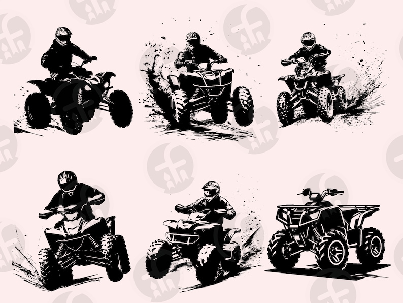 May include: Six black and white silhouette illustrations of people riding all-terrain vehicles (ATVs) on a dirt track. The ATVs are all different models and have different features, such as headlights, handlebars, and seats. The riders are all wearing helmets and goggles.