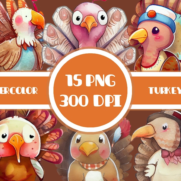 Cute watercolor Turkeys PNG pack - 15 unique images - Watercolor clipart bundle - Cute Thanksgiving Clipart - Instant Download - Gobble