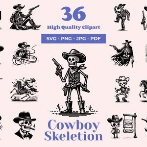 Skeleton cowboy SVG-bundel - 36 ontwerpen - westerse clipart - afdrukbare cowboy - skelet digitale kunst - lasergesneden - Cricut-bestanden - cowboy png