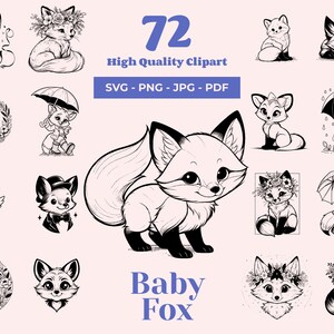 Ensemble bébé renard SVG - 72 modèles - décoration de chambre d'enfant - clipart animaux mignons - minimaliste - conte de fées - jardin rustique - Cricut et découpe Laser