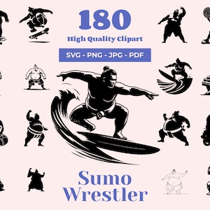 May include: A set of 180 black and white vector illustrations of sumo wrestlers in various poses. The wrestlers are shown doing activities such as surfing, skateboarding, eating, and riding a scooter. The text "Sumo Wrestler" is written in blue at the bottom of the image.