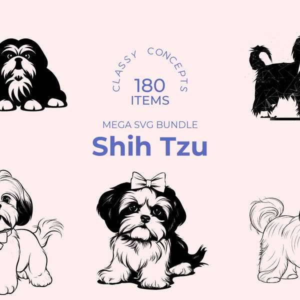 Shih Tzu SVG Bundle - 180 Cut Files - Fluffy Dog Art - Sublimation Files - Cute Pet SVG - Dog Lover Gift - Various Black Silhouettes