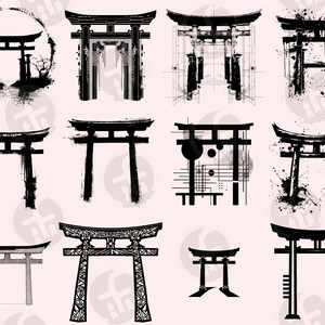 May include: A set of 12 black and white illustrations of Japanese torii gates. The gates are in various styles, some with a grunge effect, some with geometric patterns, and some with a more traditional look.