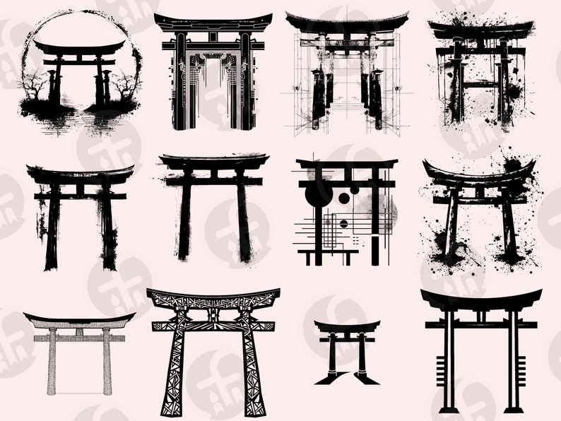 May include: A set of 12 black and white illustrations of Japanese torii gates. The gates are in various styles, some with a grunge effect, some with geometric patterns, and some with a more traditional look.