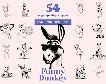 Funny Donkey-clipart: 54 eigenzinnige ontwerpen, SVG PNG JPG (digitale download)