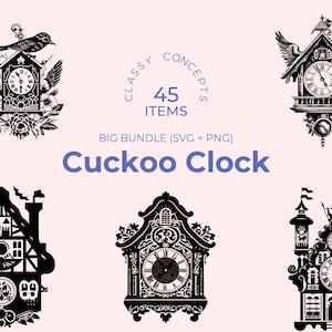 Paquete SVG de reloj de cuco alemán: 45 archivos de corte, diseño tradicional en blanco y negro, varios estilos, perfecto para proyectos y manualidades de bricolaje