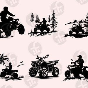 May include: Silhouettes of four people riding all-terrain vehicles (ATVs) in various settings. The ATVs are black and have a sporty design. The riders are wearing helmets and protective gear. The backgrounds include a forest, a beach, and a mountainous area.