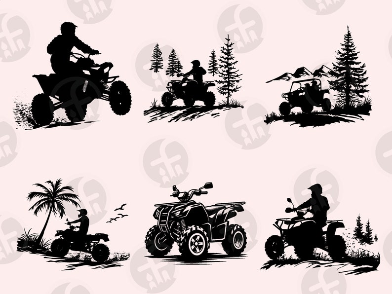 May include: Silhouettes of four people riding all-terrain vehicles (ATVs) in various settings. The ATVs are black and have a sporty design. The riders are wearing helmets and protective gear. The backgrounds include a forest, a beach, and a mountainous area.