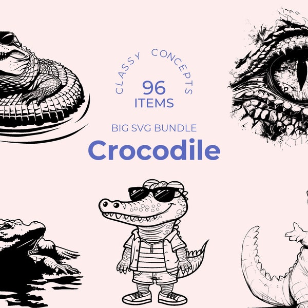 Paquete SVG de cocodrilo - 96 archivos cortados - Clip Art de cocodrilo - Reptil - Blanco y negro - Diseños de cocodrilo salvaje - Listo para Cricut