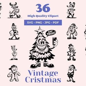 Vintage Christmas SVG Bundle - 36 Designs - Retro Cartoon Style Characters for Crafters - DIY Christmas Clipart - Joyful Holiday Designs