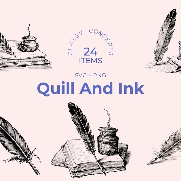 Quill and Ink SVG bundle - 24 Vintage engravings - Cut files - Writer's Dream, Dark Academia, Black and White, Literary Elegance, Nostalgy