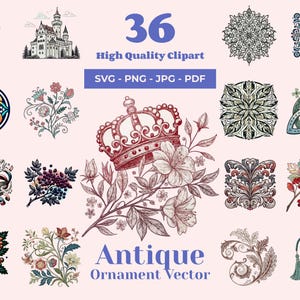May include: A set of 36 antique ornament vector illustrations. The illustrations include a crown, a castle, a floral design, a Celtic knot, a mandala, and more. The illustrations are in a vintage style and are perfect for use in digital and print projects.