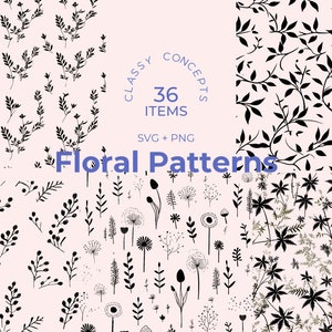 Pakiet wzorów bezszwowe SVG Floral dla Cricut - 36 plików do cięcia - wzory czarno-białe - wzory kwiatowe do projektów rzemieślniczych i projektowych