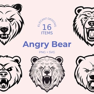 Furious Bear SVG - 16 Line Art Designs - Black and White - Angry Bear Illustration - Instant Download