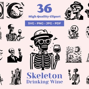 ワインを飲むスケルトン SVG バンドル - 36 のデザイン - ハロウィーンの装飾 - 女性の頭蓋骨 SVG - スケルトンとワイン - Cricut とレーザーカットに対応