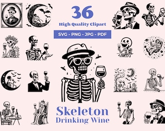 Lot SVG squelette buvant du vin : 36 motifs d'Halloween (téléchargement numérique)