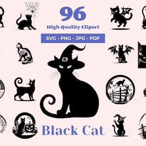 Pacote SVG de gato preto - 96 designs - SVG de gato preto de Halloween - Arquivos a laser - Arte de gato preto - SVG de gato preto com abóbora - Chapéu de gato de bruxa