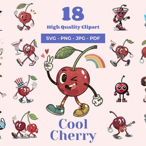 Cool Cherry SVG Bundle - 18 Designs - Retro Cartoon Cherry Clipart - Cherry Martini Mascot - Cute & Playful Cherries - Art of Sublimation