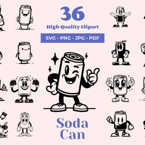 Zestaw Soda Can SVG - 36 projektów - Retro postacie z kreskówek - Soda Clipart - Cricut SVG - Pliki laserowe - Pobieranie cyfrowe - Soda Pop PNG Art