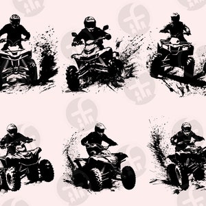 May include: Black and white silhouette illustration of six people riding all-terrain vehicles (ATVs) through a muddy terrain. The riders are wearing helmets and are in motion, kicking up dirt and water.