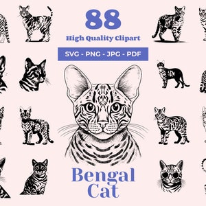 Paquete SVG de gato de Bengala: 88 diseños, archivos láser de Bengala, imágenes prediseñadas de Bengala, sublimación, compatible con Cricut, arte de gato de Bengala