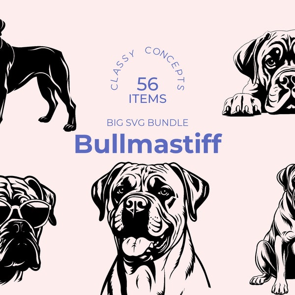 Bundle Bullmastiff SVG - 56 fichiers - le chien de nuit du garde-chasse - race forte - idéal pour les travaux manuels et les projets Cricut