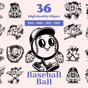 Baseball Ball SVG Bundle - 36 Designs - Retro Baseball - Vintage Cartoon Clipart - Groovy Baseball Art - Cricut SVG - Laserdateien