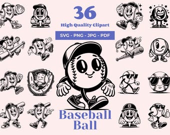 May include: A set of 36 black and white baseball clip art images. The images feature baseballs with faces and various poses, including holding bats, wearing sunglasses, and playing catch. The text "36 High Quality Clipart" and "SVG - PNG - JPG - PDF" is included in the image. The text "Baseball Ball" is also included in the image.