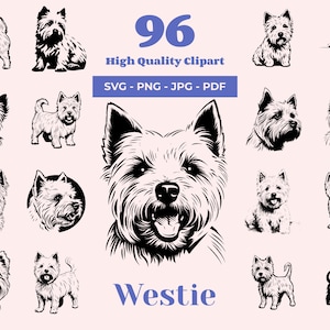 Westie SVG-bundel - 96 gesneden bestanden - West Highland White Terrier Dog Art - sublimatie en transparante PNG - clipart speelse terriër
