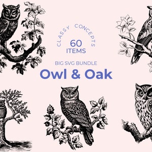 Eule und Eiche SVG Bundle - 60 Vintage Gravuren - Schnittdateien - Woodland Wisdom, Dark Academia, Schwarz und Weiß, Harmony der Natur