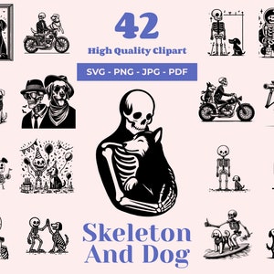 Skelett und Hund SVG-Bundle - 42 Designs - Tierliebhaber Clipart - Laser-Dateien - Halloween Dekorationen - Druckbarer Schädel - Skelett mit Hund PNG
