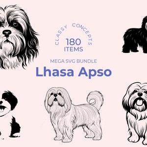 May include: A set of five black and white illustrations of Lhasa Apso dogs. The illustrations show the dogs in different poses, including sitting, standing, and lying down. The text "Classy Concepts 180 Items Mega SVG Bundle Lhasa Apso" is also included in the image.
