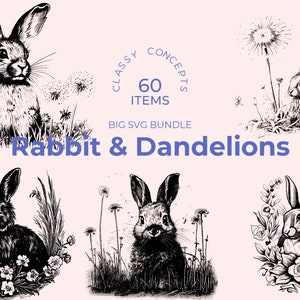 Lot de lapins et pissenlits SVG - 60 gravures vintage - fichiers de coupe - bonheur de la campagne, milieu universitaire sombre, noir et blanc, nature fantaisiste
