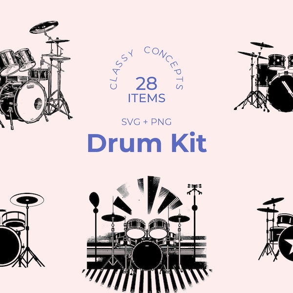 Black and White Drums Kit SVG - 28 Unique Cut Files - Realistic to Abstract Styles - Perfect for Musicians and Music Enthusiasts