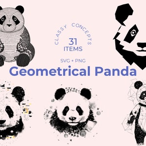 Panda geométrico SVG - 31 arquivos de corte - Panda Art - Arquivos Cricut - Design de silhueta - Preto e branco - Tema da natureza