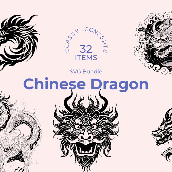 Dragon chinois SVG - 32 fichiers coupés - symbole de la Chine impériale en noir et blanc, styles assortis, idéal pour les travaux manuels et la décoration intérieure