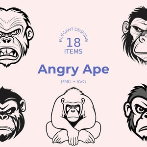 Angry Ape Line Art: 18 SVG PNG Designs (Digital Download)