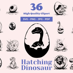 Paquete SVG de eclosión de dinosaurios: 36 archivos de corte, huevo de dinosaurio, imágenes prediseñadas de dinosaurios bebés, diseños jurásicos, listos para grabado láser y Cricut