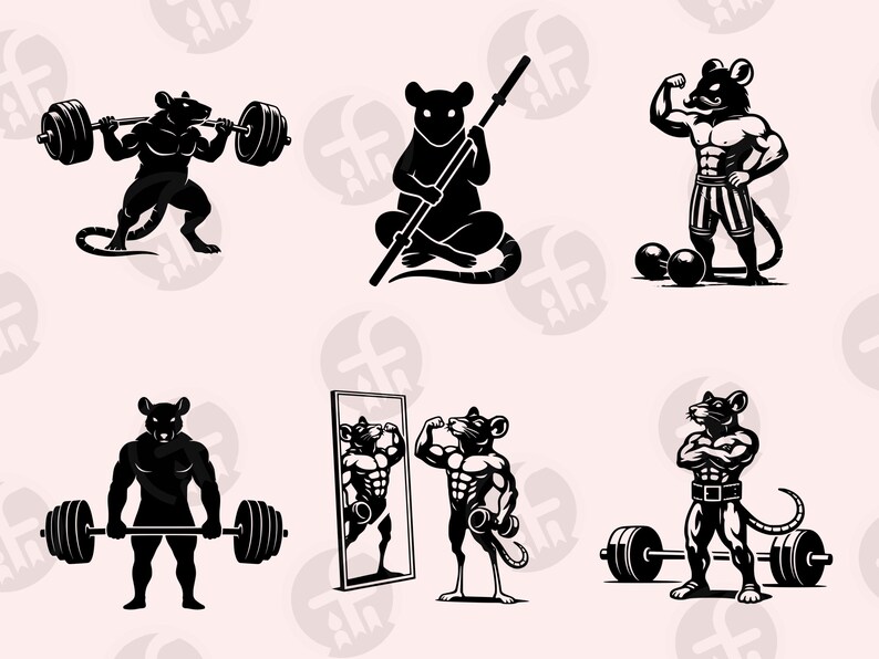 Bodybuilder Mouse Gym Rat SVG Bundle: 36 Designs, Fitness Clipart, Workout Png, Laser Cut ...