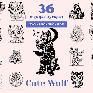 May include: A set of 36 black and white illustrations of cute wolves in various poses. The illustrations include wolves wearing pajamas, holding pumpkins, and wearing scarves. The text "Cute Wolf" is written in blue letters at the bottom of the image.