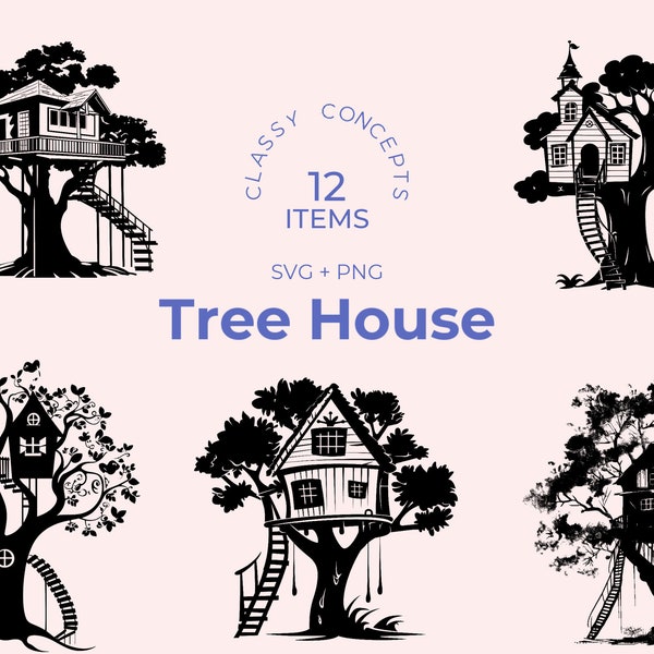 Tree House SVG - 12 fichiers coupés - Childlike Wonder Art - Cricut SVG Files - Silhouette Designs - Childhood Memories Theme - Noir et Blanc